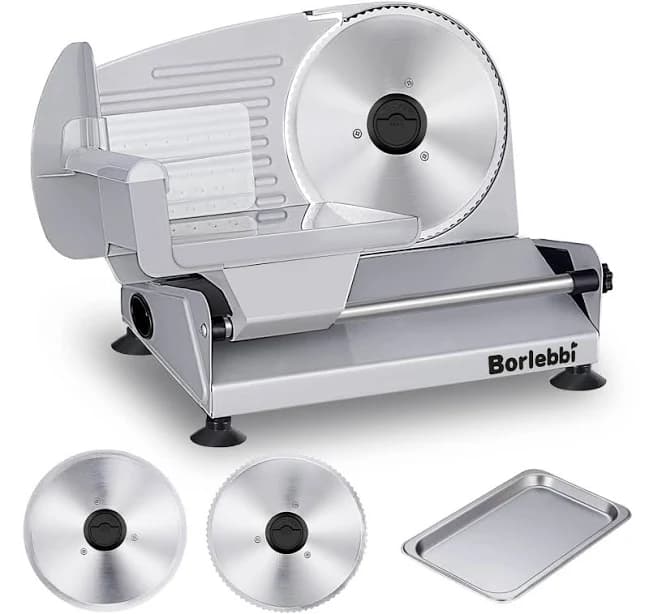 Meat Slicer, 200W Electric Food Slicer with 2 Removable 7.5" Stainless Steel Blades and Stainless Steel Tray, Child Lock Protection, Adjustable Thickness, Food Slicer Machine for Meat Cheese Bread