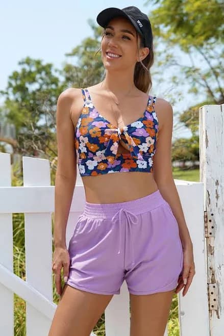 Purple Floral Knot Chic Bikini Top with Boy Short Set