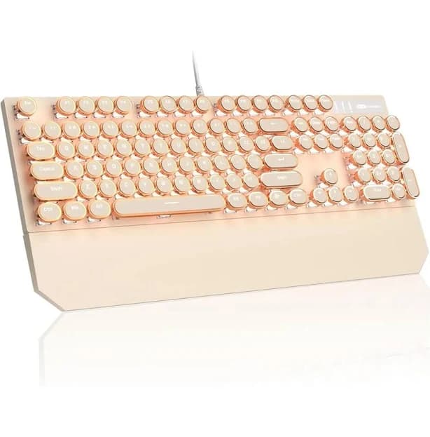 Typewriter Mechanical Gaming Keyboard, Retro Pink Punk Round Keycaps LED White Backlit Wired Keyboards with Detachable Wrist Rest for and Office, for