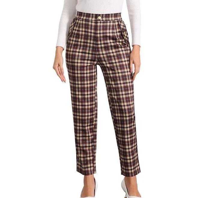 Inspire Chic Women's Tartan Plaid Pants Elastic High Waist Straight Long Trousers