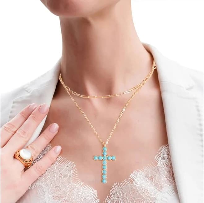 Turquoise Cross Pendant Gold Plated Oval Link Chain Layered Necklace