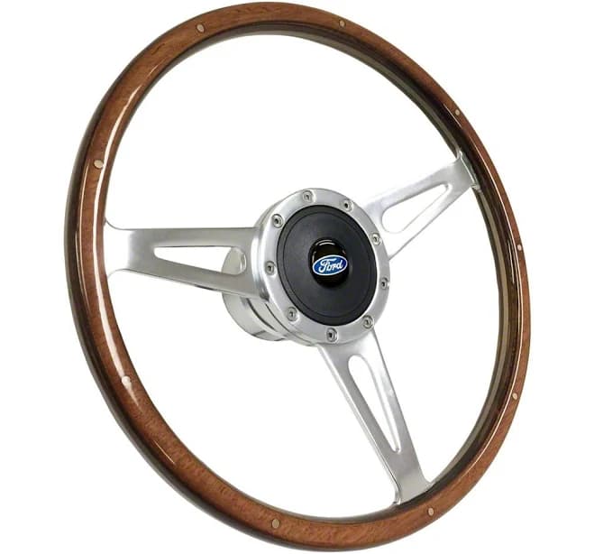 Bronco GT350 Style Deluxe Wood 15-Inch Steering Wheel Kit with Blue Oval Emblem; Walnut (67-74 Bronco)