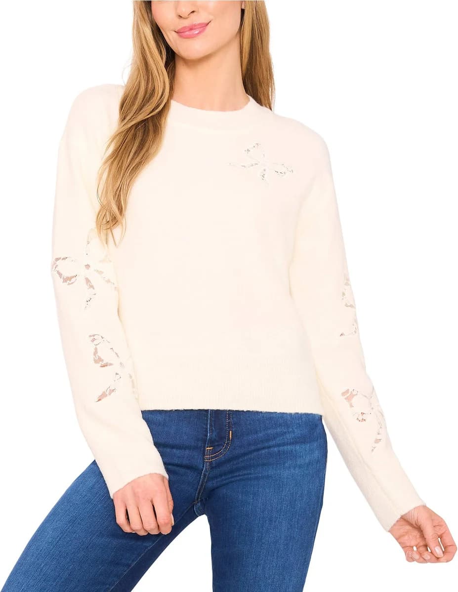 CeCe Women's Lace Bow Inset Sweater