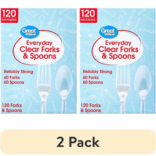 (2 pack) Great Value Plastic Everyday Clear Fork and Spoon Combo, 120 Count, Size: 120 Forks & Spoons