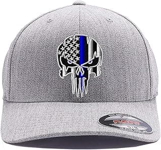 Red Thin Red/Blue Line Spartan Helmet & Distressed Skull Flex Baseball Cap. Embroidered. 6277/6477 Flex Baseball Hat