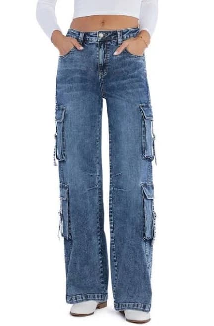 Wash Lab Denim Women's High Waist Straight Leg Cargo Jeans