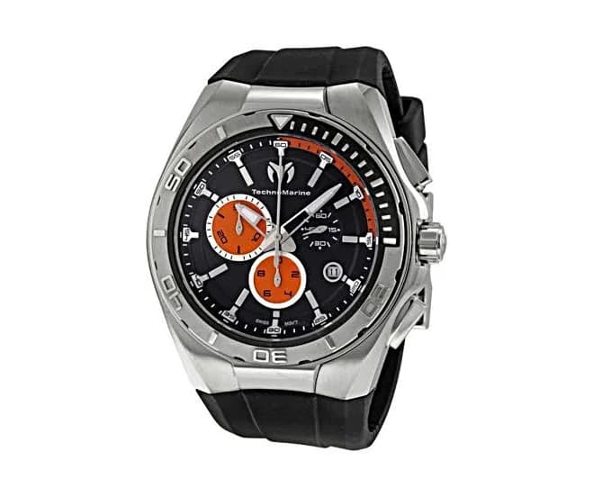 Technomarine Men's Chronograph Watch Black Orange Dial Rubber Strap Quartz
