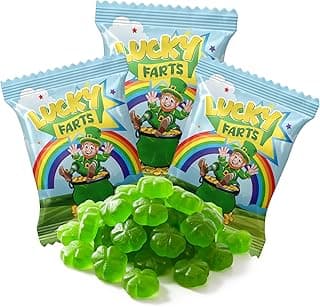 4E's Novelty 30 Packs St. Patricks Day Lucky Farts Shamrock Gummies - 30 Individually Wrapped Bags (5 Pieces Each) Green Gummy Funny St Patricks Day Candy Party Favors, Saint Patty's Day Treats & Kids Snacks, Green Apple Flavor