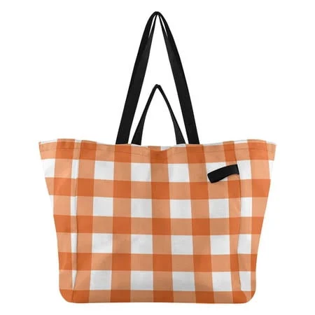 LIAHCC Orange and White Checkerboard Pattern Plaids Foldable Canvas Tote Bags Reusable Grocery Bags Laundry Bags Beach Bag 32L, Adult Unisex, Size: