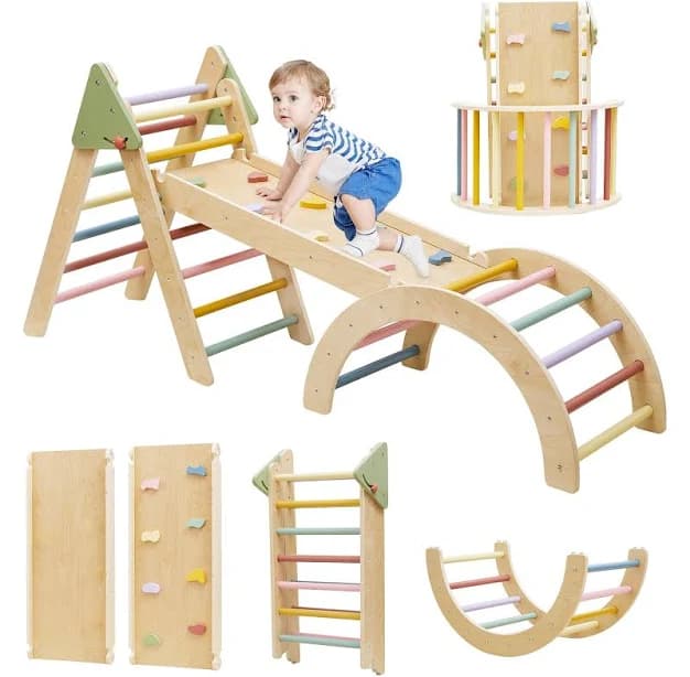 Pikler Triangle Set 7 in 1 Wooden Climbing Toys for Toddlers
