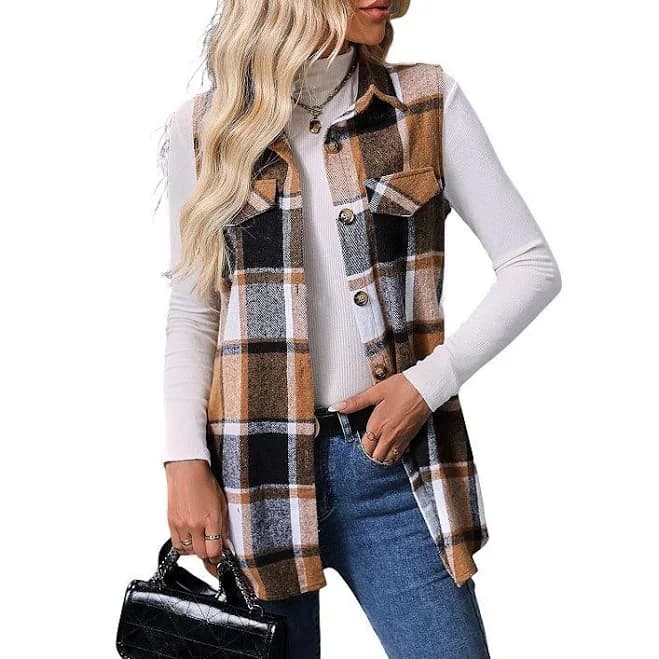 Women's Sleeveless Plaid Button Down Vest Jacket