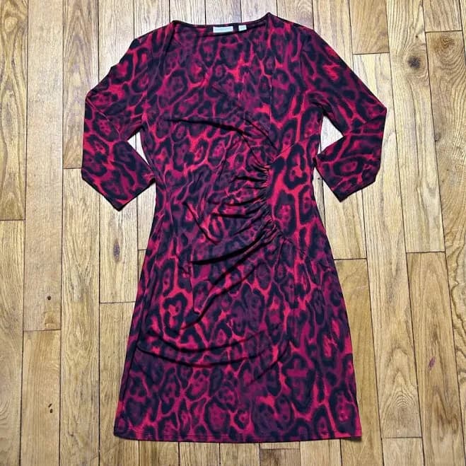 York & Company Red Black Leopard Print Ruched Sheath Dress Medium