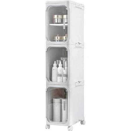 3-tier Plastic Tall Narrow Storage Cabinet with Adjustable Shelves and Movable Wheels, Magnetic Doors, Slim Bathroom Storage Organizers for Small