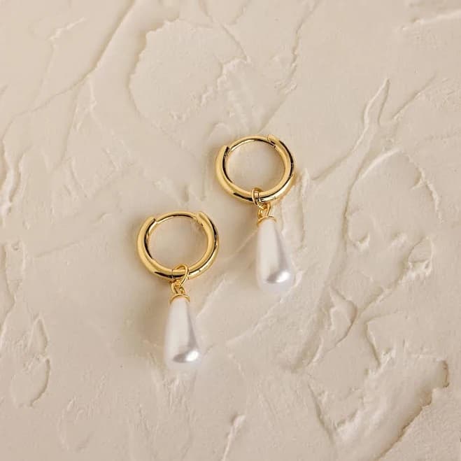Caitlyn Minimalist Silver Teardrop Pearl Huggie Hoop Earrings