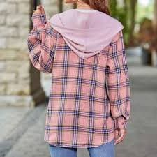 Baberdicy Womens Shirts Women's Fall Casual Hoodie Long Sleeved Plaid Shirt with Pocket Blouses for Women Pink - Walmart.com