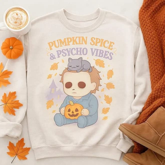 Chibi Michael Myers Halloween PNG: Pumpkin Spice & Psycho Vibes (Digital Download)