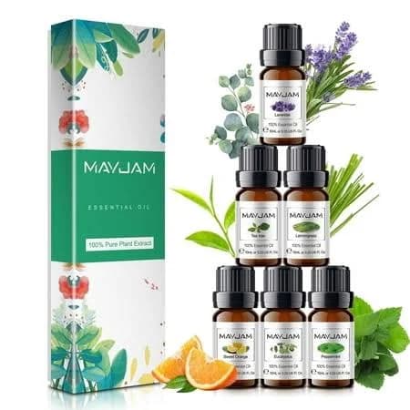 Mayjam 6pcs Essential Oils Gift Set for Diffuser, Lavender, Eucalyptus, Lemongrass, Peppermint, Tea Tree, Sweet Orange, Size: 10 mL, Purple