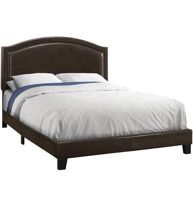Queen Dark Brown Leather Upholstered Bed Frame with Antique Brass Nailhead Trim and Curved Headboard