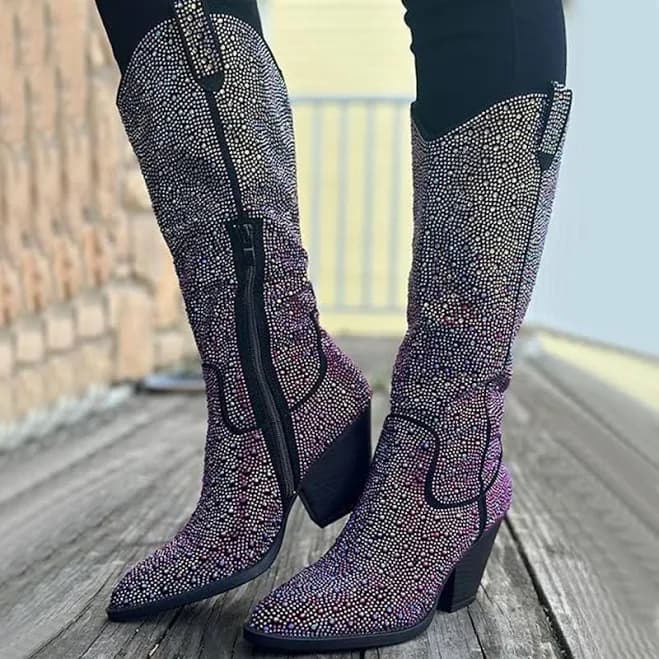 Bling Rhinestone Crystal Cowboy Cowgirl Western Mid-Calf Knee-High Boots Zip
