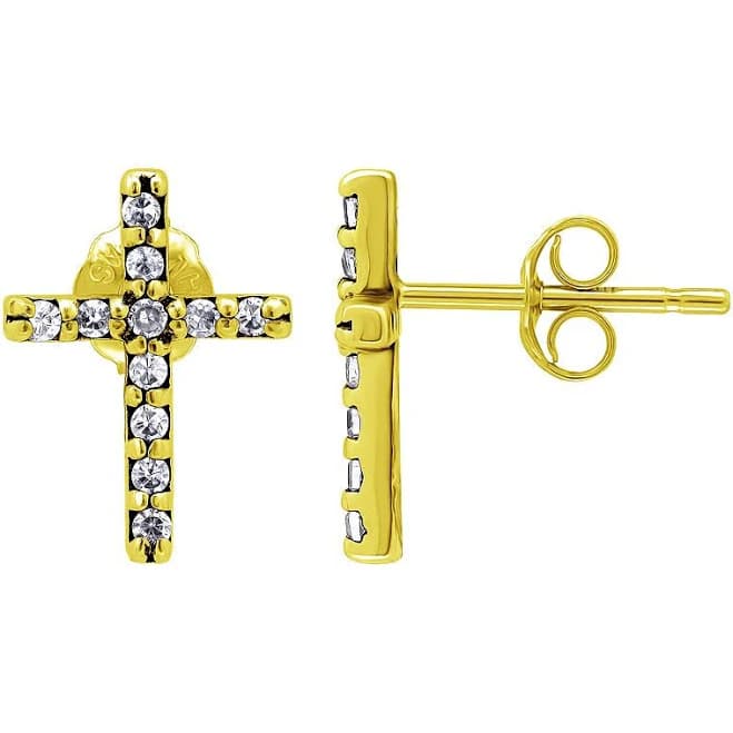 Aleure 18K Gold Cross Stud Post Earrings with Cubic Zirconia