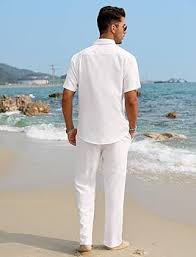 EISHOPEER Mens Cotton Linen Outfit Beach Long Sleeve Button Down Shirts and Loose Pants Vacation Casual Beach Sets White Small at Amazon Men's Clothing store