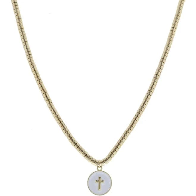 Gold Cyliner Disc Beaded Cross Circle Necklace
