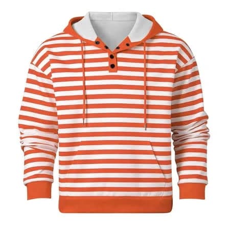 Xiaonu Mens Trendy Striped Hoodie Contrast Color Henley Neck Design Hoodie Casual Daily Wear Pullover Hoodie, Men's, Size: Large, Orange