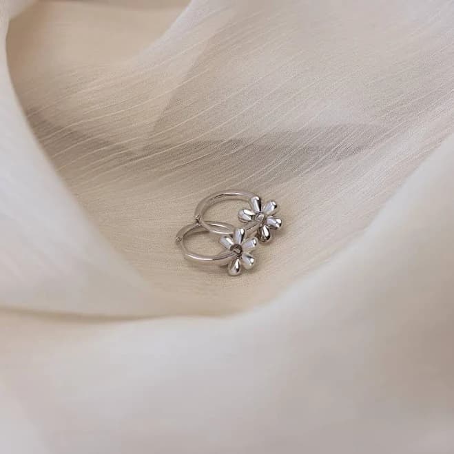 Caitlyn Minimalist Silver Dangling Flower Blossom Huggie Hoop Earrings