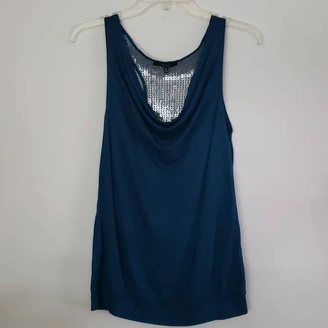 Express Tops | Express Teal Sequin Back Cowl Neck Tank Top, Sparkle Glitzy Tank Top, Size Small | Color: Blue/Silver | Size: S | Colbs85's Closet