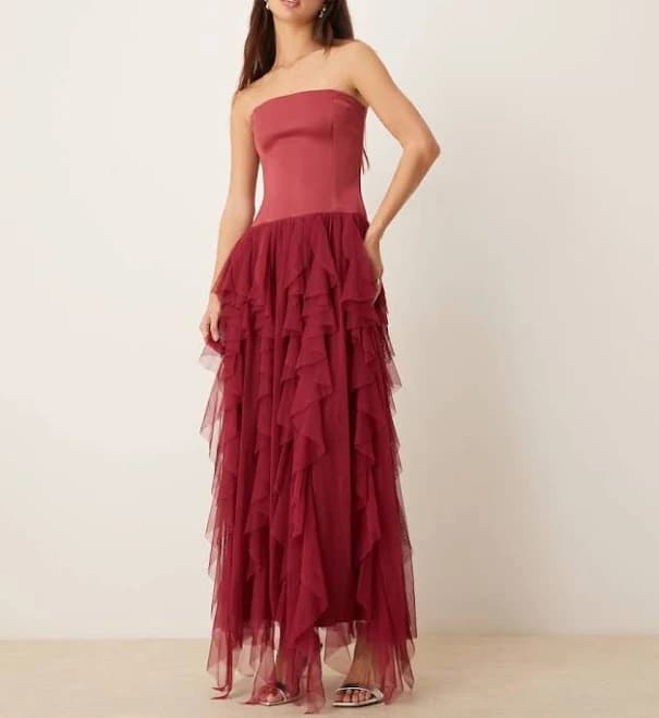 Lace & Beads Bandeau Tulle Ruffle Maxi Dress