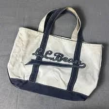 LLBean Boat and Tote Bag Medium Natural Navy Canvas Script Logo Open Top Beach