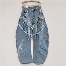 GHJCFVBS Women's Barrel Jeans Mid Waist Raw Edges Vintage Horseshoe Denim Pants Y2k Baggy Boyfriend Jeans,Blue,S at Amazon Women's Jeans store