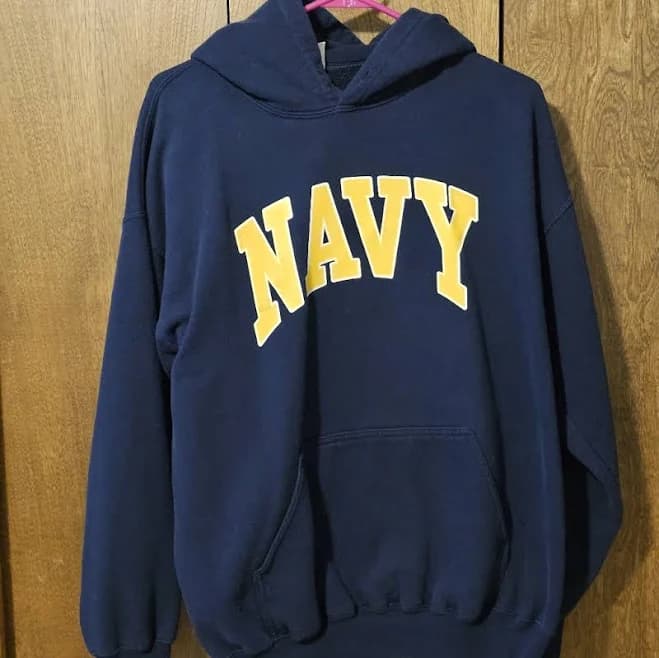 Navy Blue Hoodie with Yellow Print | Color: Blue/Yellow | Size: L | Rebecca664's Closet