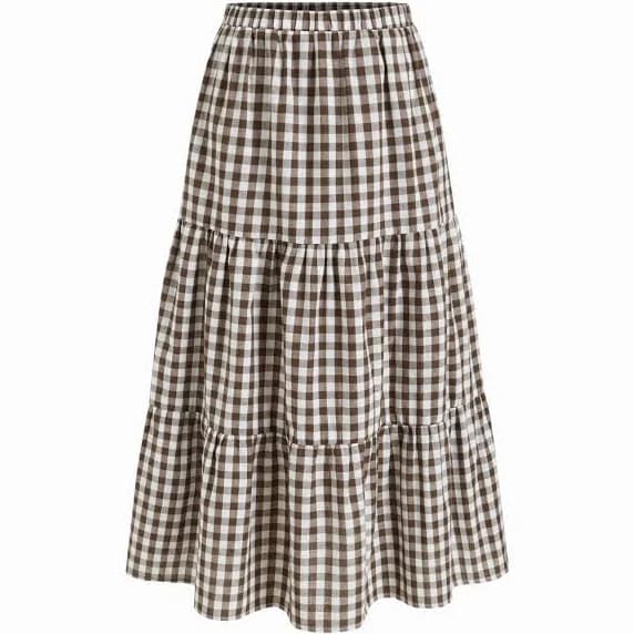 CIDER Women's Skirts Long Woven High Rise Gingham Tiered Midi Flowy Skirt for Vacation Beach Summer Casual