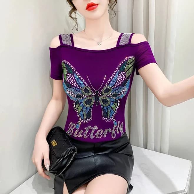 Glam Women Rhinestone Art Tank Top Butterfly Floral Off Shoulder Tee