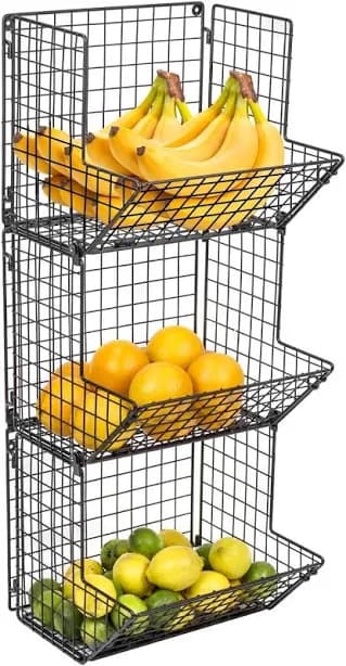 3-Tier Wall-Mounted Produce Storage Baskets with Wood Bases