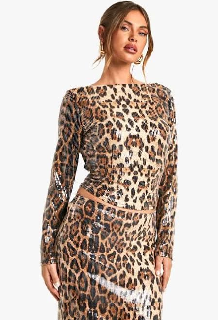 Boohoo Women's Leopard Sequin Backless Top