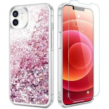 Glitter Phone Case Girly Girls Women Bling Liquid Sparkle Fashion Moving Quicksand Pink Case for iPhone 12 12 Pro (6.1 inches) (Rose Gold)