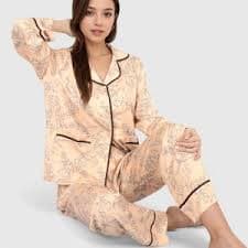 Anna-Kaci Lounge Women's Satin Pajama Set with Baroque Print Button-Up Top and Matching Pants - Small, Yellow : Target