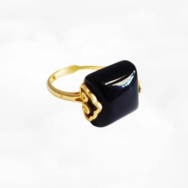 Vintage Square Black Obsidian Ring in Gold Plated Sterling Silver