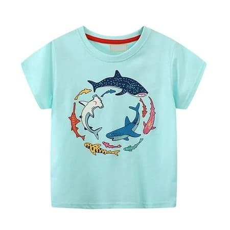 Tisuna Boys Shirt Toddler Shark Print Short Sleeve Crew Neck Tops Casual Loose Summer Kids Outwear Sky Blue Size 6-7 Years, Boy's