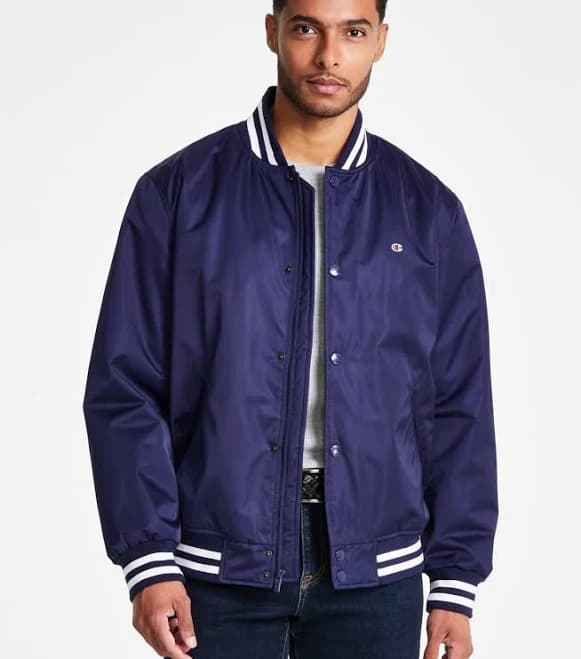 Champion Men's Classic Logo Striped-Trim Varsity Jacket