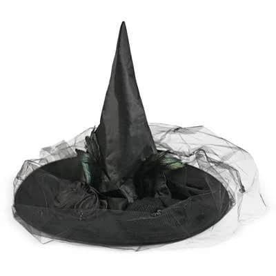 Skeleteen Deluxe Pointed Witch Hat with Bow, Spiders, and Black Feathers