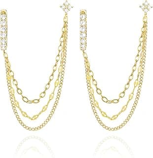 Chain Earrings for Double Piercing Gold Dangle Earring Set with 3 Chains Connected Stud for Pierced Ears Hoop Earrings for Women Two Holes Piercings Flower Stud and Chain Jewelry