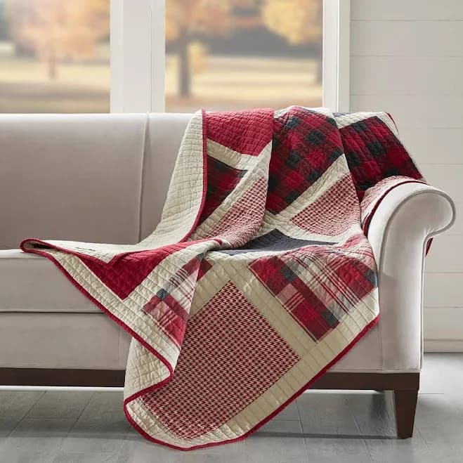 Black Forest Decor Red Plaid Patches Quilted Throw