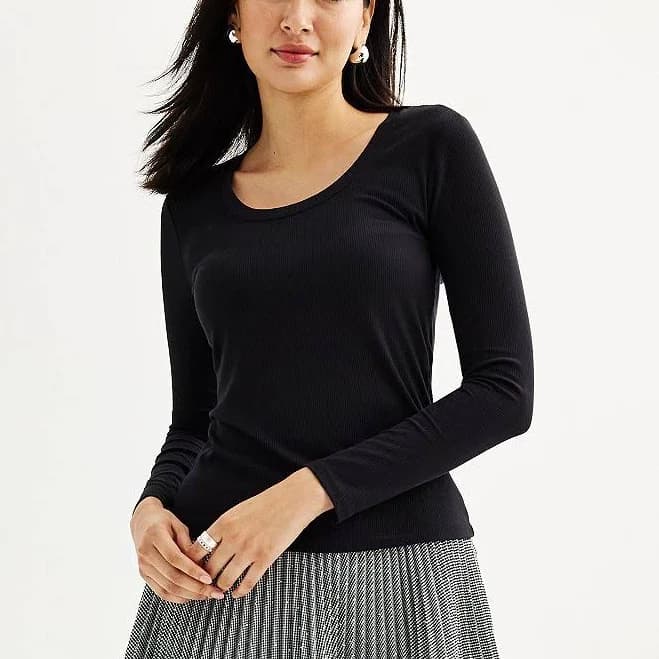 Women's Nine West Long Sleeve Scoopneck Rib Shirt, Size: Medium, Mineral Black