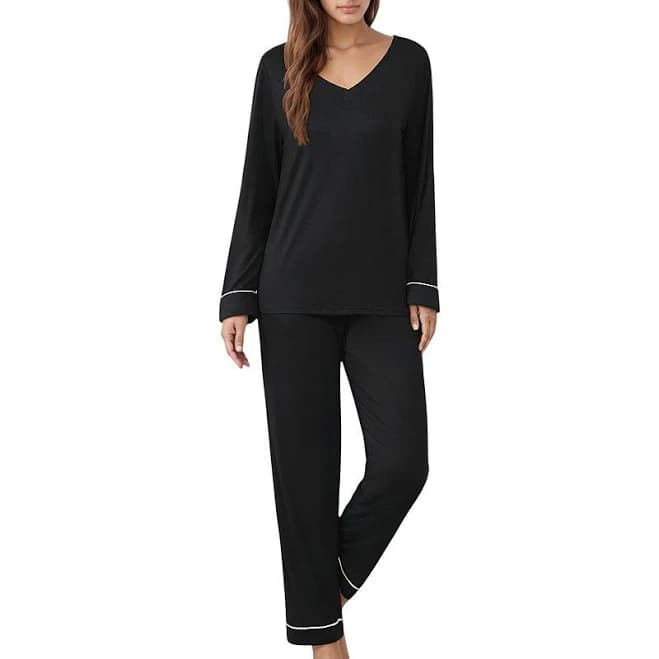 Anna-Kaci Lounge Women's Contrast Trim Long Sleeve V-Neck Pajama Top and