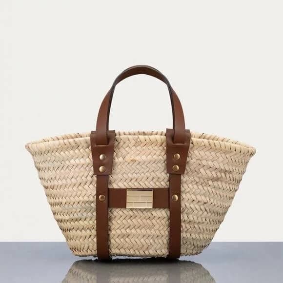 Frame Straw Tote Natural Mini Tote Brown Leather Gold Hardware