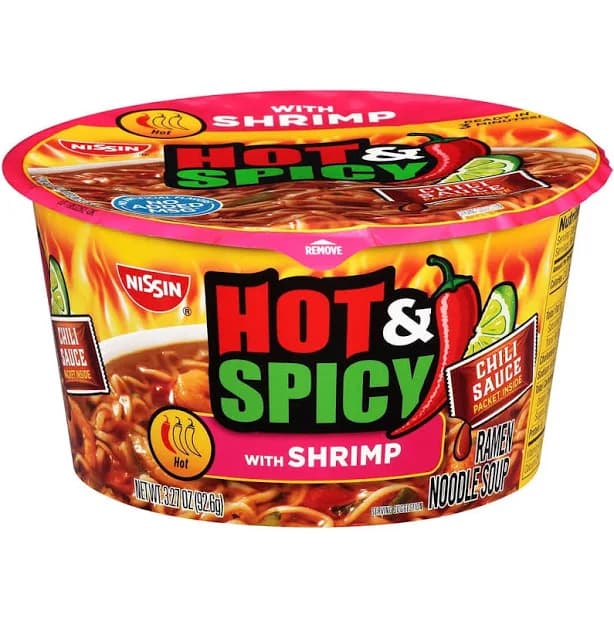 Nissin Hot & Spicy Shrimp Ramen Noodle Soup Bowl