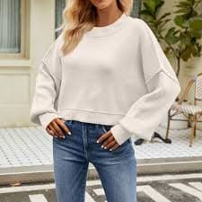 Cute Knitted Pullover Sweater for Women Women's 2024 Fall Long Balloon Sleeve Crew Neck Sweater Tops Waffle Knit Soft Pullover Jumper 1/4 Zip Pullover Polo V Neck Dressy Casual Tops at Amazon Women's Clothing store
